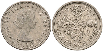 Великобритания 6 пенсов 1966 Елизавета II (1952-2022) KM 903, Spink 4149 медно-никель 4596-1049