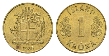 Исландия 1 крона 1965 KM 12a никель латунь UNC 4633-1242