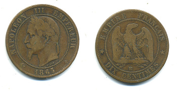 ФРАНЦИЯ 10 САНТИМОВ 1865 ВВ, НАПОЛЕОН III (1852-1870) KM 798.2, LA FRANC 134.15 бронза 84-633