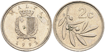 Мальта 2 цента 1991 оливковая ветвь KM 94 медно-никель 4585-1265