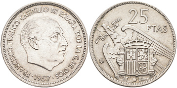 ИСПАНИЯ 25 ПЕСЕТА 1957 (69) ФРАНСИСКО ФРАНКО ДИКТАТОР ИСПАНИИ (1939-1975) KM 787 медно-никель 176-417