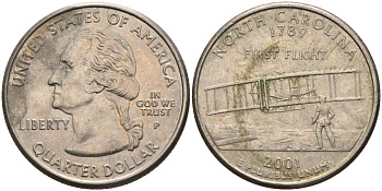 США 25 центов = квотер 2001 Р, серия штаты США, Северная Каролина KM 319 медь плакированная медно-никелем 4586-146