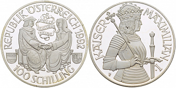 Австрия 100 шиллингов 1992 Максимилиан I KM 3003 серебро PROOF 11-177-14