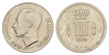 Люксембург 10 франков 1974 Герцог Жан (1964-1999) KM 57 никель 4641-1056