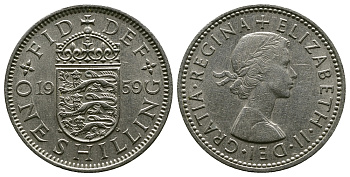 Великобритания 1 шиллинг 1959 Елизавета II (1952-2022), Английский герб KM 904, Spink 4147 медно-никель 4384-356