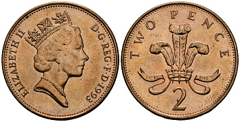 Великобритания 2 пенса 1993 Елизавета II (1952-2022) KM 936a, Spink 4376 (C4) сталь плакированная медью 4607-946