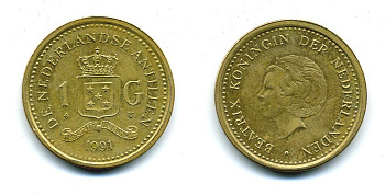 Нидерландские Антилы 1 гульден 1991 Беатрикс (1980-2013) KM 37 позолоченная сталь 25-745