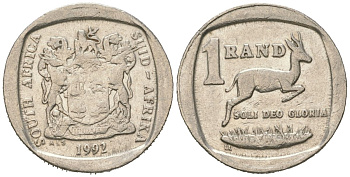 ЮАР 1 ранд 1992 KM 138 медь плакированная медно-никелем 4611-528
