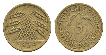 Германия 5 рейхспфеннигов 1936 A KM 39, J. 316 алюминиевая бронза 4549-463