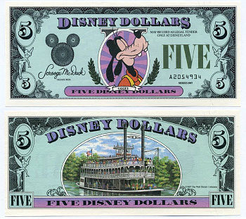 США 5 ДИСНЕЙ ДОЛЛАРОВ 1987 СЕРИЯ А, ГУФФИ бумага UNC (ПРЕСС) 7486-1-3