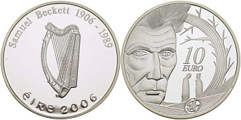 Ирландия 10 евро 2006 100 лет со дня рождения Сэмюэля Беккета, писатель, драматург, нобелевский лауреат KM 45 серебро PROOF 02-040-12
