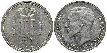 ЛЮКСЕМБУРГ 10 ФРАНКОВ 1974 KM 57 никель 91-124