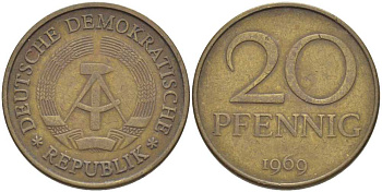 ГДР 20 пфеннигов 1969 А, первый год KM 11 латунь 4402-224