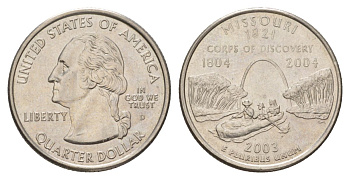 США 25 центов (квотер, 1/4 доллара) 2003 D, Квотер штата Миссури KM 346 медь плакированный медно-никелем UNC 4628-1237