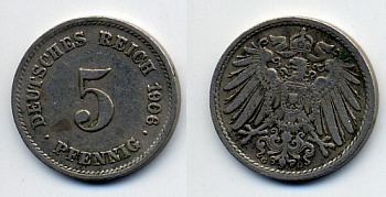 ГЕРМАНИЯ 5 ПФЕННИГОВ 1906 G, KM 11, J. 12 медно-никель 76-327