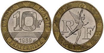 Франция 10 франков 1989 тип гений Бастилии KM 964.1, Le Franc 375.3 биметалл 4138-323
