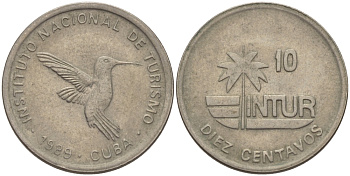 Куба 10 сентаво 1989 туристические деньги, INTUR, цифры номинала маленькие KM 415.2а медно-никель 67-1116