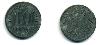 ГЕРМАНИЯ 10 ПФЕННИГОВ 1920 KM 26, J. 299 цинк 54-515