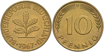 ФРГ 10 пфеннигов 1967 D KM 108, J.383 сталь плакированная латунью UNC 4579-222