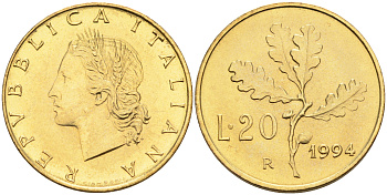Италия 20 лир 1994 R, дубовый лист KM 97.2 алюминиевая бронза  UNC  4594-862