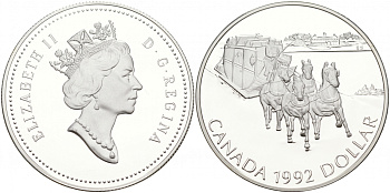 Канада 1 доллар 1992 зимний дилижанс КМ 210 серебро PROOF 02-015-11