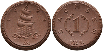 Саксония 1 марка 1921 парусник J. N 55 фарфор 1094-4-13