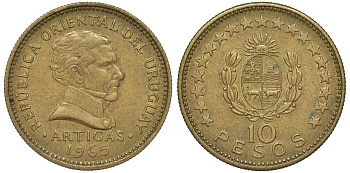 Уругвай 10 песо 1965 KM 48 алюминиевая бронза 4574-1232