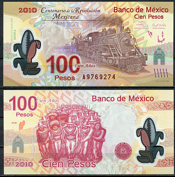 Мексика 100 песо 2007 серия A, паровоз № 279, революционеры, кукуруза Pick 128 a  пластик  UNC (пресс) 451-547-1