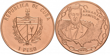 Куба 1 песо 1993 200 лет со дня рождения Авраама Линкольна KM 509 медь UNC M29-04
