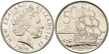 Новая Зеландия 50 центов 2006 Елизавета II (1952-2022), парусник Индевор KM 119а никелированная сталь 4579-1042