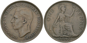Великобритания 1 пенни 1947 Георг VI (1936-1952) KM 845, Spink 4114 бронза 81-443