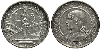 Сан-Марино 5 лир 1938 KM 9 серебро 27-133