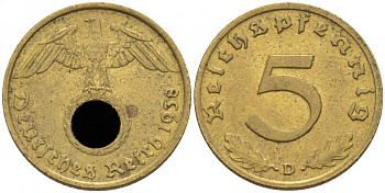 ГЕРМАНИЯ 5 РЕЙХСПФЕННИГОВ 1938 D, КМ 91, J.363 алюминиевая бронза 110-243