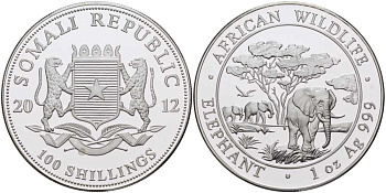 Сомали 100 шиллингов 2012 серия охрана окружающей среды, африканские слоны, 1 унция KM NEW серебро PROOF 1076-7-44