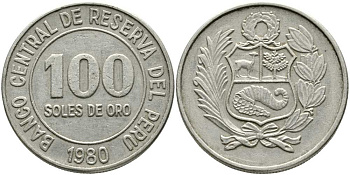 Перу 100 солей 1980 KM 283 медно-никель 111-212