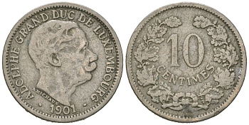 Люксембург 10 сантимов 1901 Адольф (1890-1905) KM 25 никель 4615-516