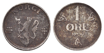 Норвегия 1 эре 1942 Хокон VII (1905-1957) KM 387 железо 4701-541