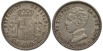 ИСПАНИЯ 50 СЕНТИМО 1904 P.C.V., АЛЬФОНСО XIII KM 723 серебро 413-4342