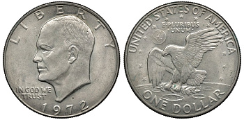 США 1 доллар 1972 D, Президент Эйзенхауэр, лунный орел KM 203 медь плакированная медно-никелем 4558-1035