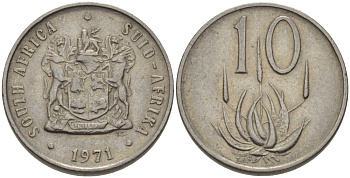 ЮАР 10 ЦЕНТОВ 1971 ГЕРБ, ЦВЕТОК АЛОЭ KM 85 никель 67-415