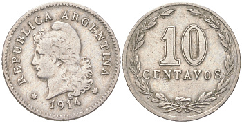 Аргентина 10 сентаво 1914 KM 35 медно-никель 4621-1051