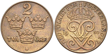 Швеция 2 эре 1950 Густав V (1907-1950) KM 778 бронза 176-313