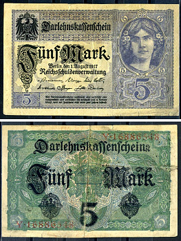 Германия 5 марок 1917 8 значный номер Pick 56 b бумага 8595-47-3-1