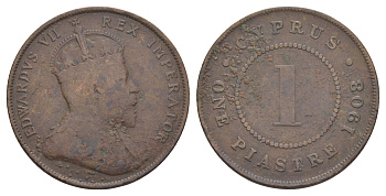 Кипр 1 пиастр 1908 Эдуард VII (1901-1910), год-тип KM 12 бронза 00-801-35