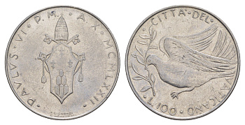 Ватикан 100 лир 1972 MCMLXXII, Павел VI KM 122 нержавеющая сталь UNC 4648-147