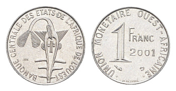 Западная Африка (BCEAO) 1 франк 2001 KM 8 нержавеющая сталь UNC 4651-865