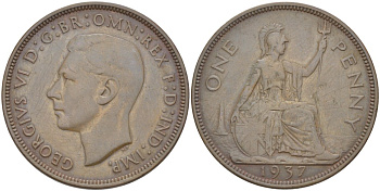 Великобритания 1 пенни 1937 Георг VI (1936-1952) KM 845, Spink 4114 бронза 4531-1231