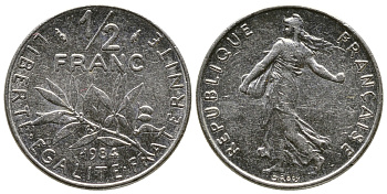 Франция 1/2 франка 1984 сеятель KM 931.1 никель 93-1411