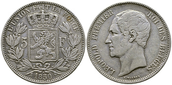 Бельгия 5 франков 1850 Леопольд I (1831-1865), точка над датой KM 17 серебро 74-1125
