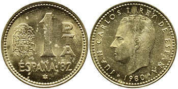 Испания 1 песета 1980 (80) чемпионат мира по футболу в Испании 1982 года, Хуан Карлос I (1975-) KM 816 алюминиевая бронза 4382-1232